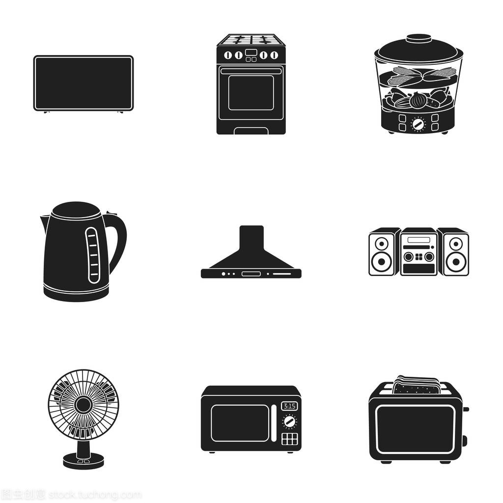 家用电器中的黑色风格设置图标。家用电器的大集合矢量符号股票图